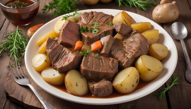 stewed beef meat with potatoes and herbs