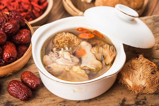 Stewed chicken soup with Hericium erinaceus Chinese cuisine