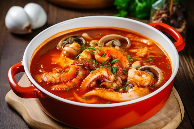 Stewed squid seafood soup in spicy tomato and vegetable sauce