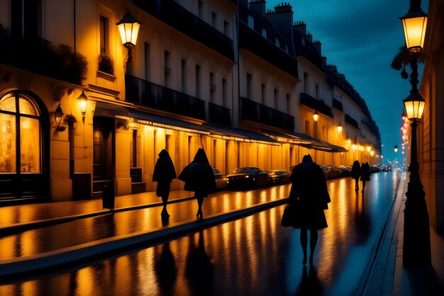 The stick figures on the most major big city street at night in the rain with only walkway