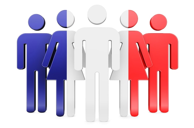 Stick figures with French flag Social community and citizens of France 3D rendering