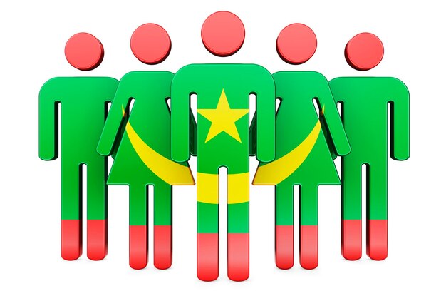 Photo stick figures with mauritanian flag social community and citizens of mauritania 3d rendering isolated on white background