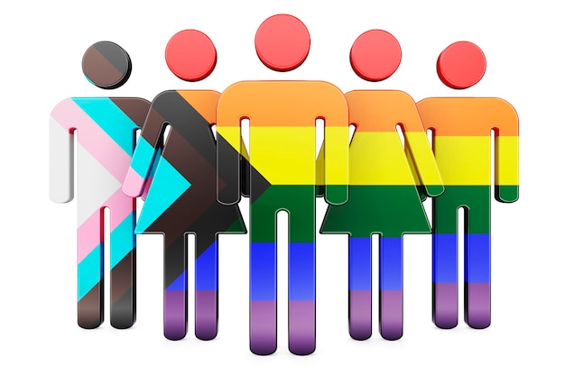 Foto figure stilizzate con moderna bandiera dell'orgoglio lgbtq rendering 3d