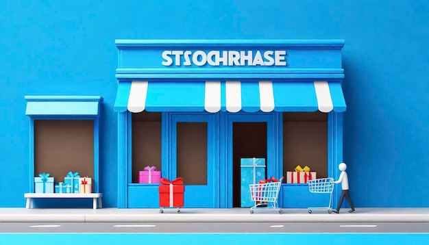 파란색 구성 프랜차이즈 비즈니스 개념으로 선물 상자 및 쇼핑 카트와 함께 스틱 맨과 상점 앞