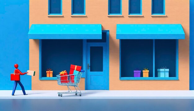 Stick man and store front with gift box and shopping cart in blue composition franchise business concept