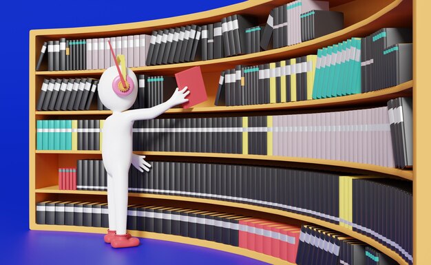 Photo stick man with book shelves in library education and learning concept 3d illustration or 3d rendering