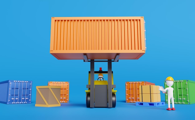 stick man with shipping container for import export and forklift and goods and pallet logistic service concept 3d illustration or 3d rendering