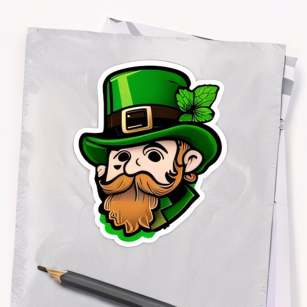 Stick what head of a leprechaun in a green hat with a long beard on a sheet of pencil Green color symbol of St Patricks Day