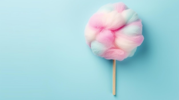 stick with yummy cotton candy on color background