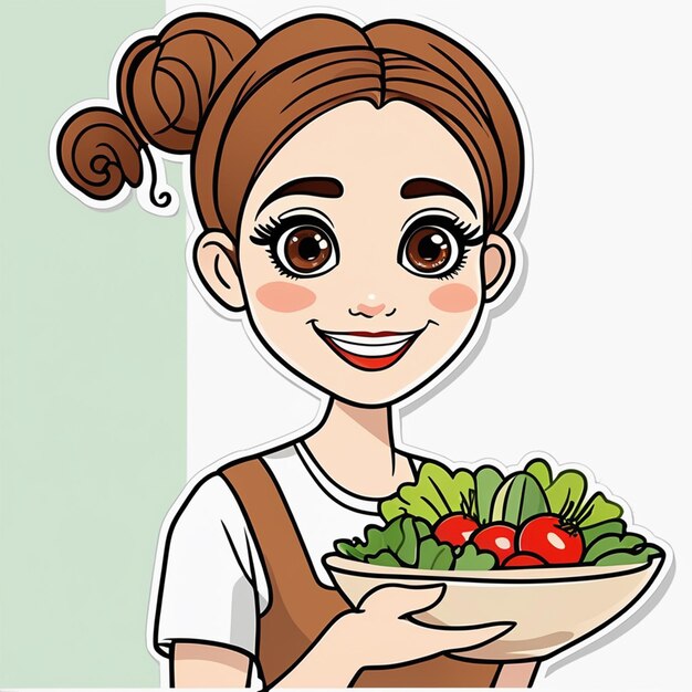 Photo sticker 2d cute and adorable woman big eyes smiling brown hair hair bun vector illustration