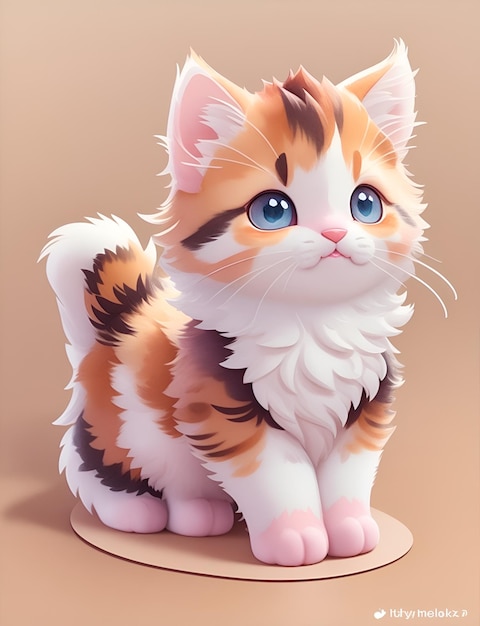 Sticker An adorable cute fluffy curious calico kitten