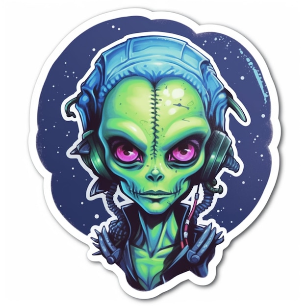 A sticker of an alien with headphones on it