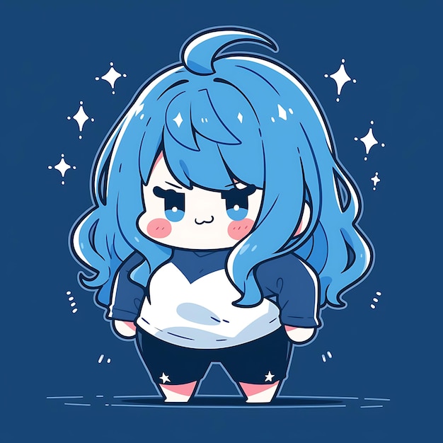 Sticker anime girl cute chubby cartoon with bold vector bold line design with difference pose