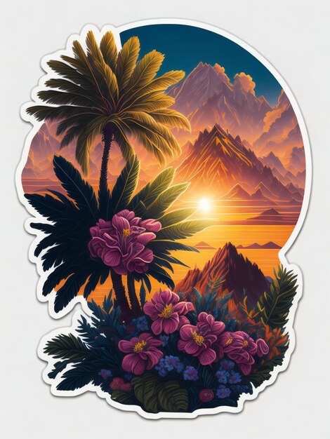 A sticker artwork of a majestic palm tree with beautiful flowers