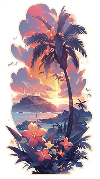 Photo a sticker artwork of a majestic palm tree with beautiful flowers