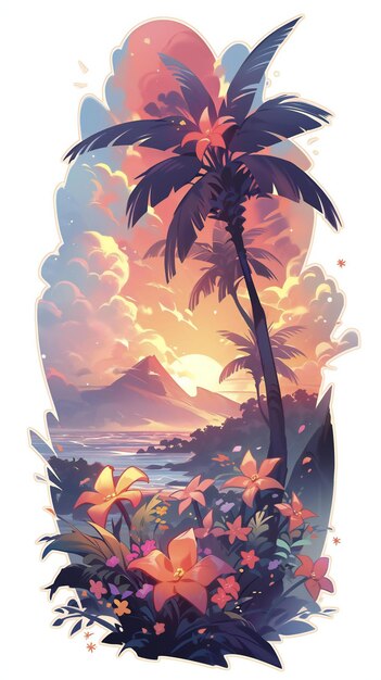 A sticker artwork of a majestic palm tree with beautiful flowers