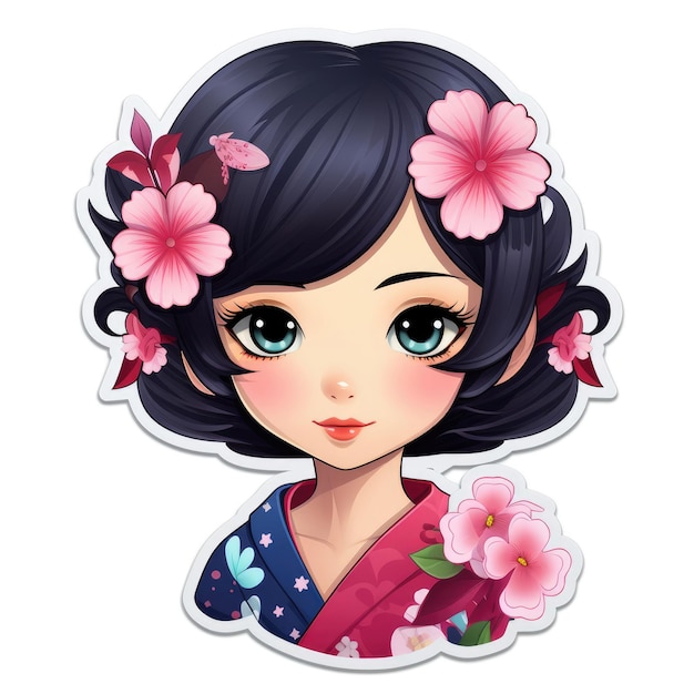 Sticker of a beautiful Japanese Barbie on a white background