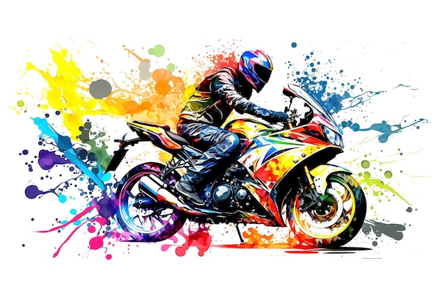 Sticker of Biker on sport motorcycle in watercolor style on white background Neural network generated art