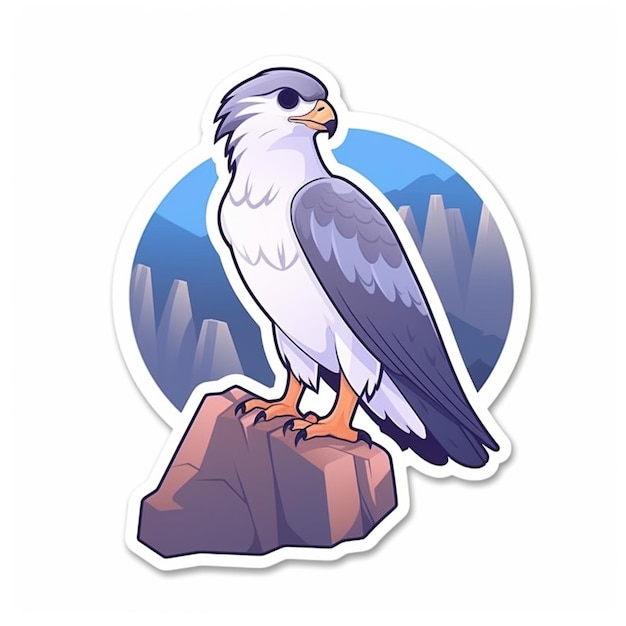 a sticker of a bird perched on a rock with mountains in the background generative ai