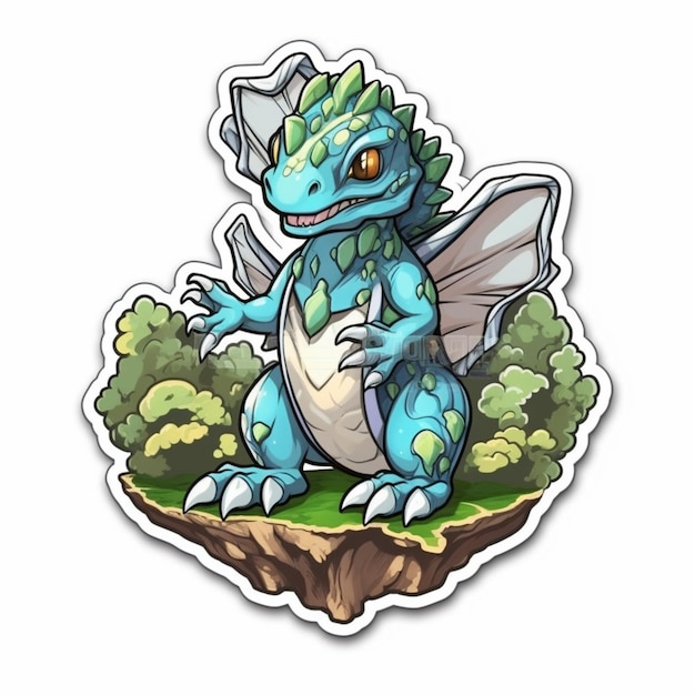 A sticker of a blue dragon with wings and a green tail generative ai