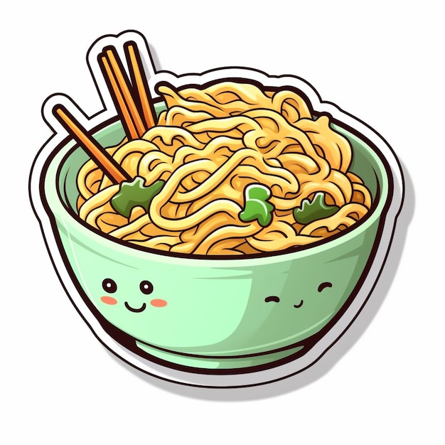Sticker of a bowl of noodles with a cute face.