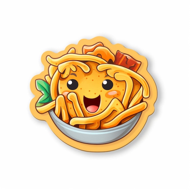 A sticker of a bowl of noodles with a smiley face.