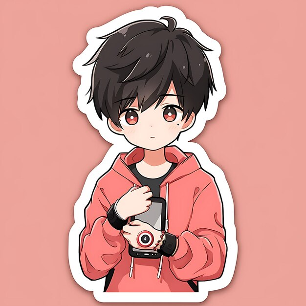 A sticker of a boy using a smartwatch anime creative design bold line cute kawaii style