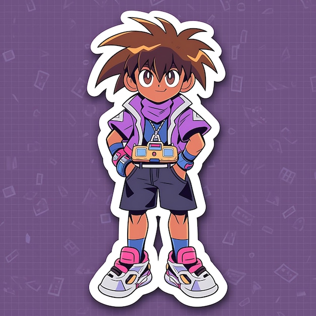 A sticker of a boy with a music player anime creative design bold line cute kawaii style