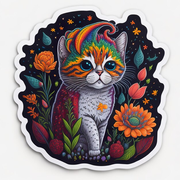 A sticker of a cat with a rainbow hat on it.