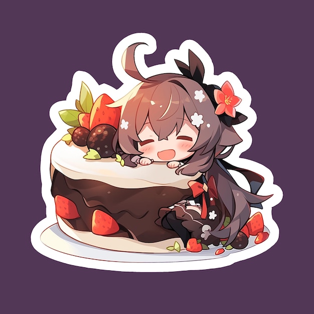 Sticker of chocolate cake kawaii girl