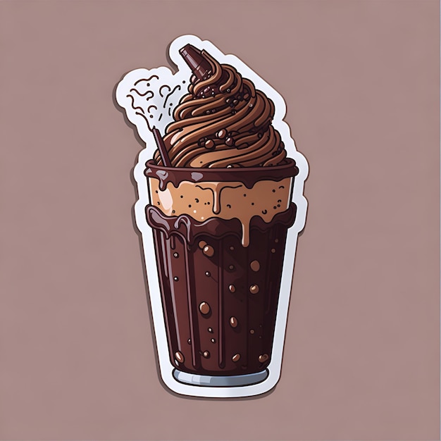 A sticker of a chocolate milkshake with chocolate syrup on it.