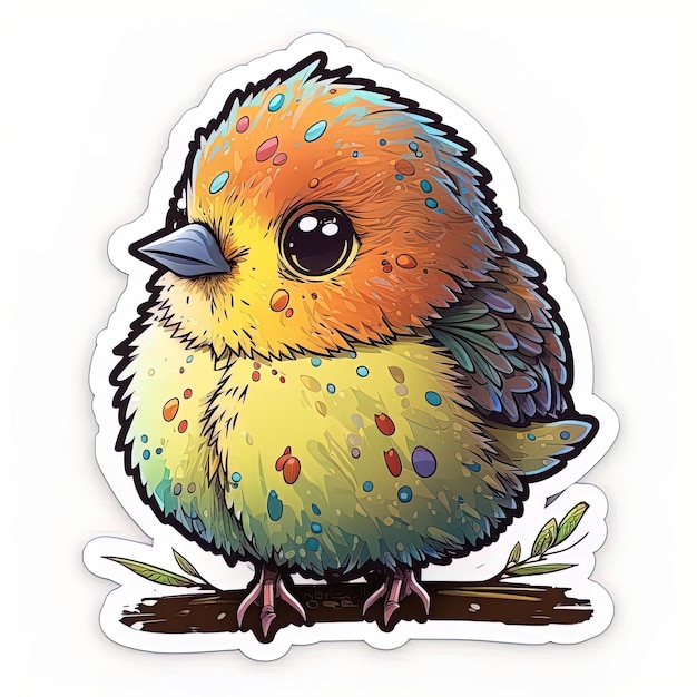 A sticker of a colorful bird with a yellow and blue beak.