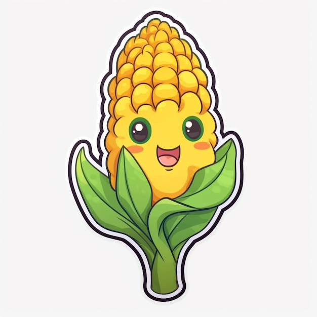 A sticker of a corn on the cob with a green leaf.