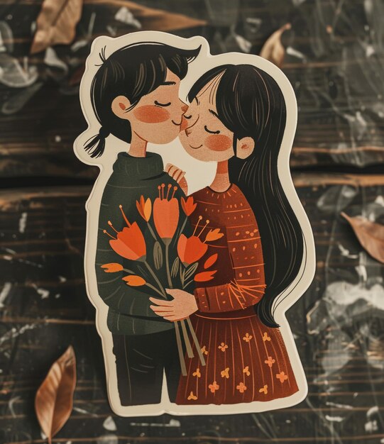 a sticker of a couple kissing and the words  kiss  on the bottom