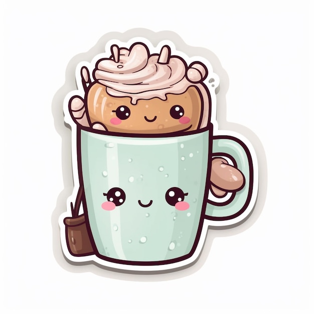 A sticker of a cup of coffee with a muffin inside.