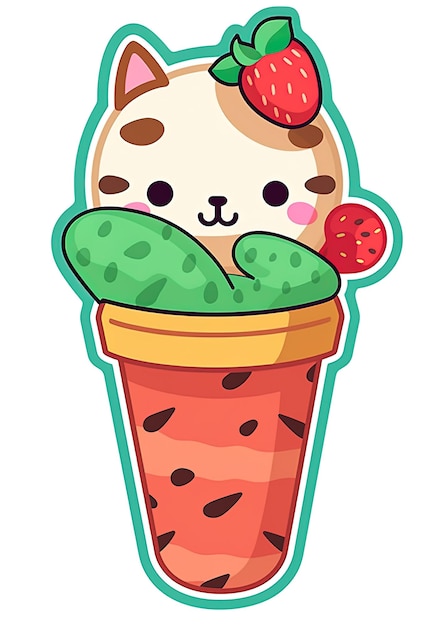 Sticker of a cute and adorable kitten with a glass of juice Generative AI