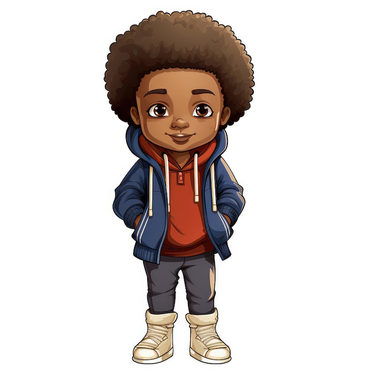 Photo sticker of a cute afro boy in urban clothes isolated on white background