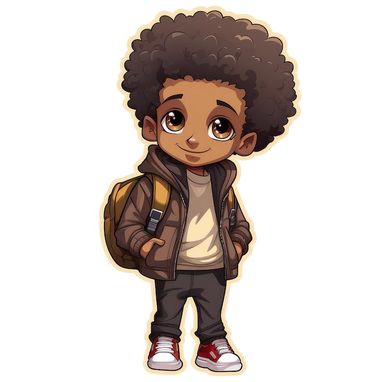 Photo sticker of a cute afro boy in urban clothes isolated on white background