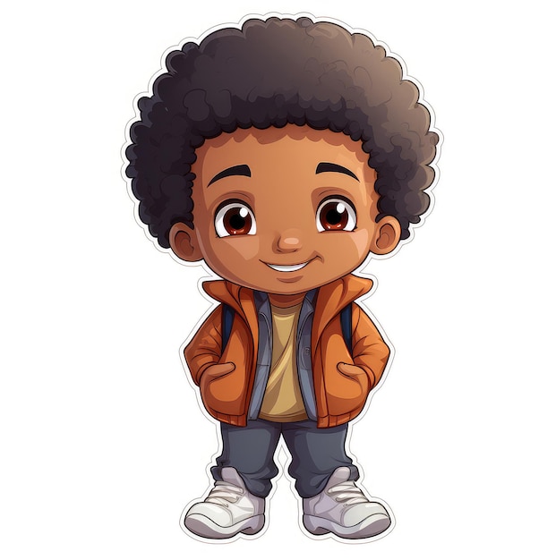 Sticker of a cute afro boy in urban clothes isolated on white background