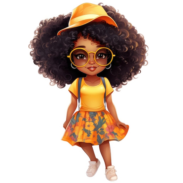 Sticker of a cute Afro girl in urban summer clothes isolated on white background