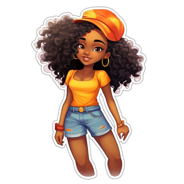 Photo sticker of a cute afro girl in urban summer clothes isolated on white background