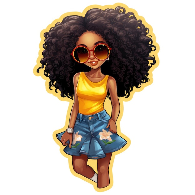 Photo sticker of a cute afro girl in urban summer clothes isolated on white background