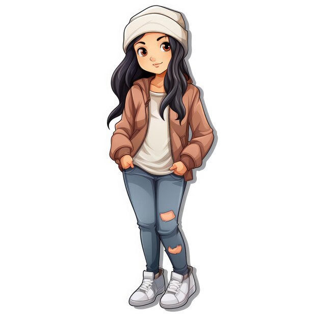 Sticker of a cute asian girl in urban clothes isolated on white background