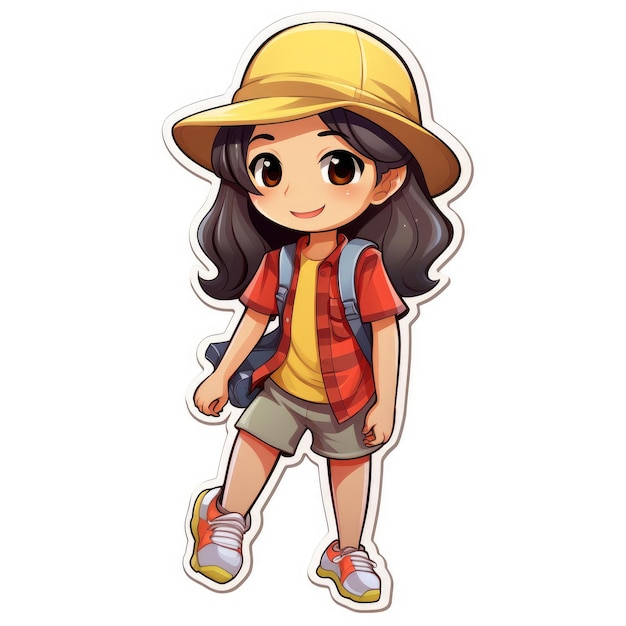 Sticker of a cute Asian girl in urban summer clothes isolated on white background