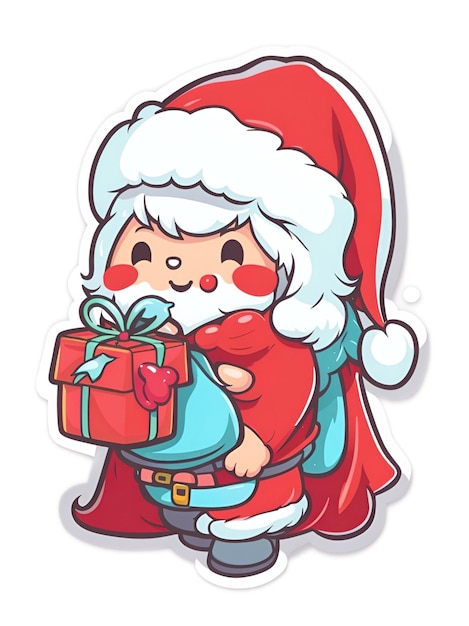 sticker of cute cartoon Santa Claus coming in Christmas day with gifts