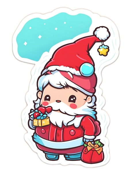 sticker of cute cartoon Santa Claus coming in Christmas day with gifts