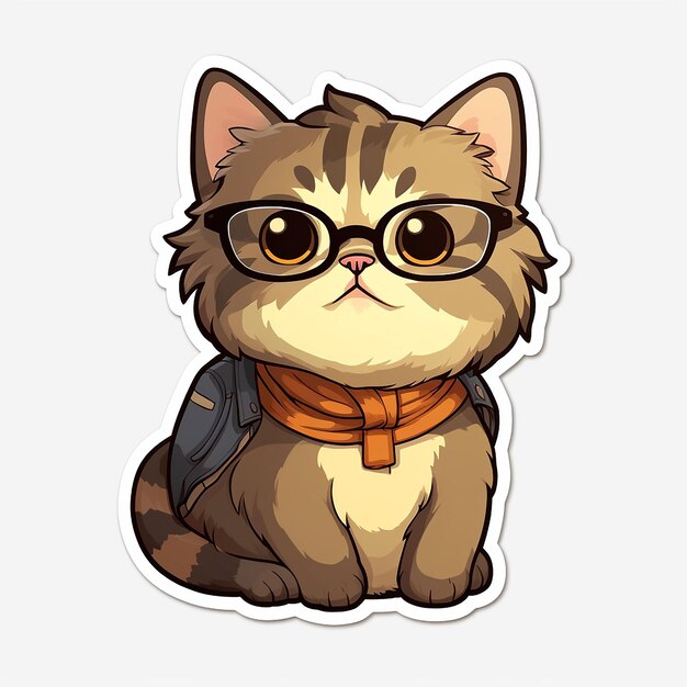 sticker Cute cat with glasses and a backpack illustration in cartoon style