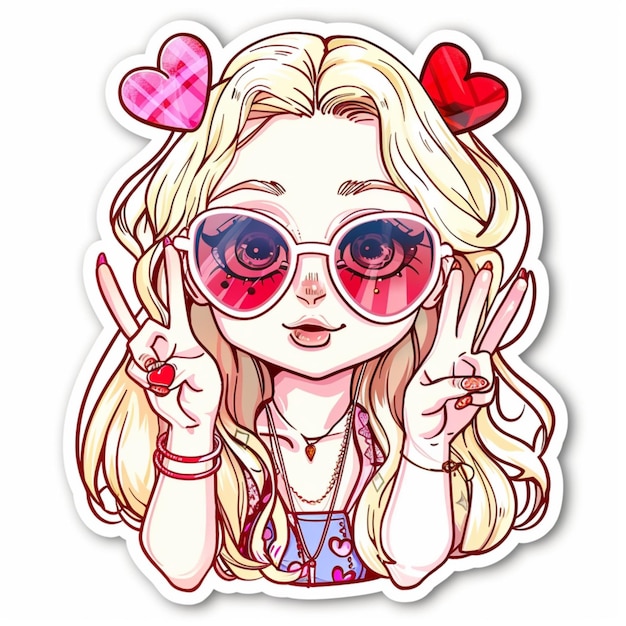평화 손가락 포즈를 가진 귀여운 치비 금발 애니메이션 소녀의 스티커