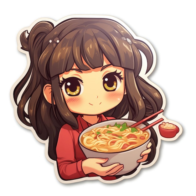 sticker of cute kawaii girl eating ramen