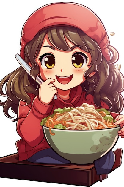 sticker of cute kawaii girl eating ramen